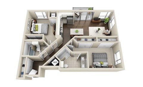 Floor plan for 2 beds, 2 baths, 980 sqft